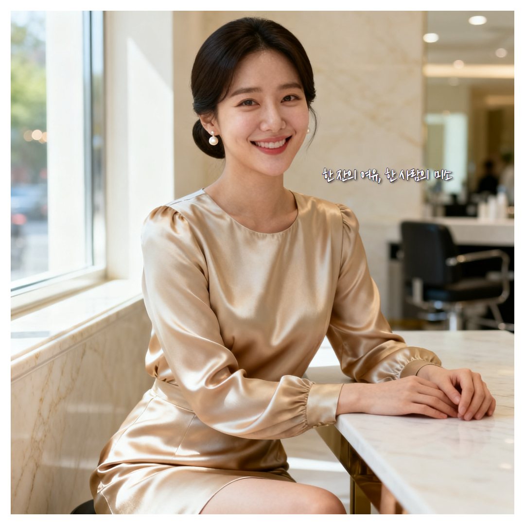 샴페인색 새틴 원피스를 입고 대리석 창가 탁자에 앉은 가상의 여성
